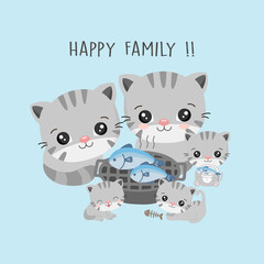 Happy cat family eating grilled fishes.Vector illustration.