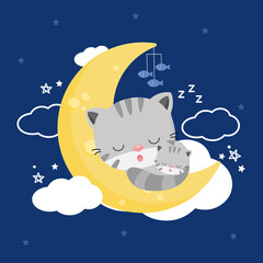 Cats sleep on the moon with dark sky background.