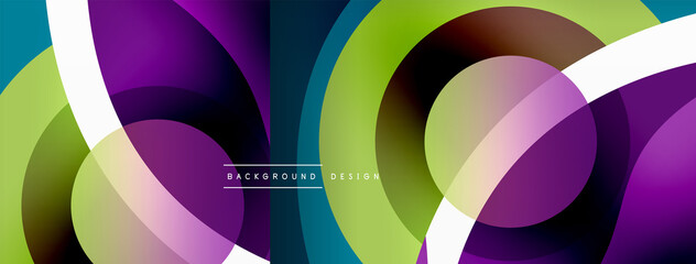 Abstract background with color geometric shapes. Beautiful minimal backdrop with round shapes circles and lines. Geometrical design. Vector illustration