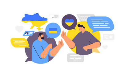 men ukrainian patriots discussing during virtual meeting pray for Ukraine peace save Ukraine from russia chat bubble communication stop war