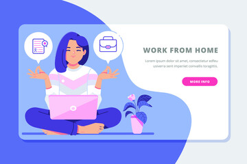 young girl with yoga poses work from home flat illustration