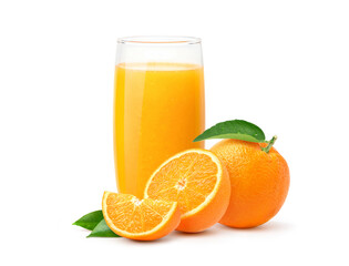 Orange juice with sacs. and sliced fruits isolate on white background.