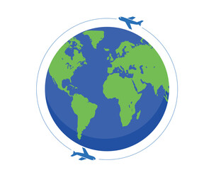 旅行、出張のイメージ　ヨーロッパ、アメリカ中心の地球を周回する旅客機、飛行機のイラスト、アイコン