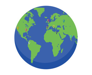 旅行、出張のイメージ　ヨーロッパ、アメリカ中心の地球に刺さるマップピンのイラストGPS、アイコン