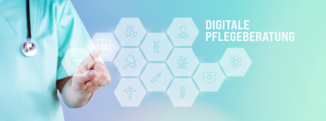 Digitale Pflegeberatung. Männlicher Arzt zeigt mit Finger auf digitales Hologramm aus Icons. Text...