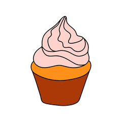 Doodle cupcake. Design sketch element for menu cafe, bistro, restaurant, coffeehouse, bakery, label, poster, banner, flyer and packaging. Vector colorful illustration on a white background.
