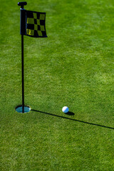 Golf hole. Golf ball on lip of cup on grass background.