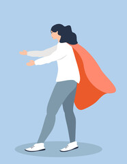 vector illustration in a flat style - a wonder woman in hero cloak holds out her hands to someone