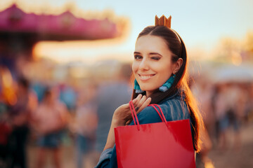 Smiling Winking Woman Shopping in a Funfair Carnival