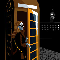 A girl stands at a telephone booth in London. Vector illustration.