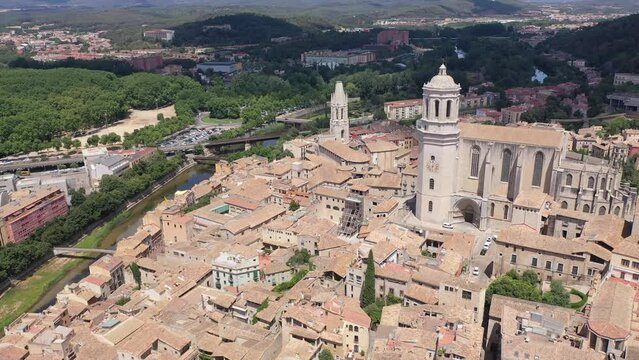 Drone view of the residential areas of the small town of Gerona, located on the territory of Catalonia, Spain.