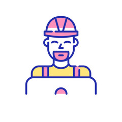 Maintenance or construction contractor finding orders online. Man in a hard hat working at a laptop. Pixel perfect, editable stroke fun color icon