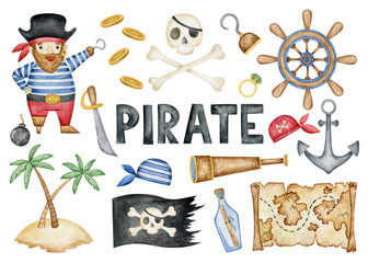 Cratoon pirate set. Sailor, flag, wheel, treasure map, island, scull, anchor, spyglass, coins. Children boy pirate clipart collection elements isolated on white background. Kids illustration