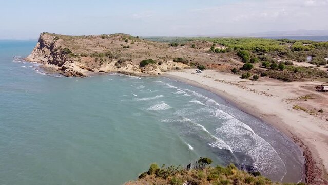 People Playing at Porto Novo Beach, Zvernec, Albania - Aerial Drone View