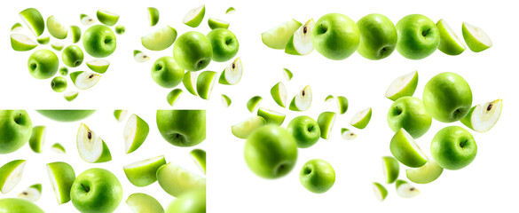 A set of photos. A group of green apples levitating on a white background