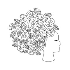 Woman face with rose flowers hair doodle line art vector illustration.