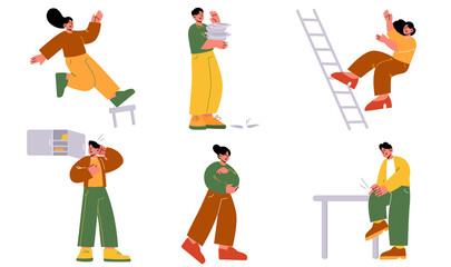 Clumsy people unexpected accidents, male and female characters fall down from ladder or stool, smash dishes, hit foot, elbow or head by furniture. men or women getting injury Line art flat vector set - obrazy, fototapety, plakaty