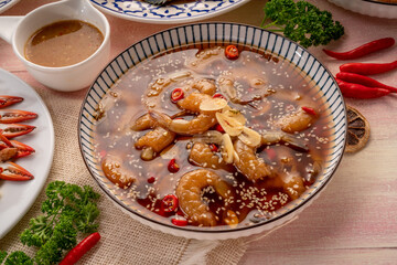 Korean Soy Sauce Pickled Shrimp, Fresh Shrimp marinated in a mild soy sauce, Ganjang Gejang Korean traditional food.