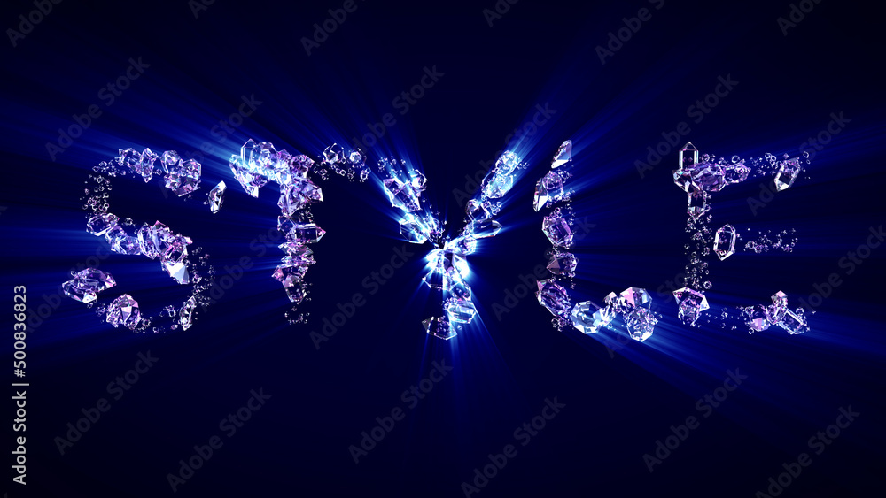 Poster style - text of diamonds with blue light rays, isolated - object 3d rendering