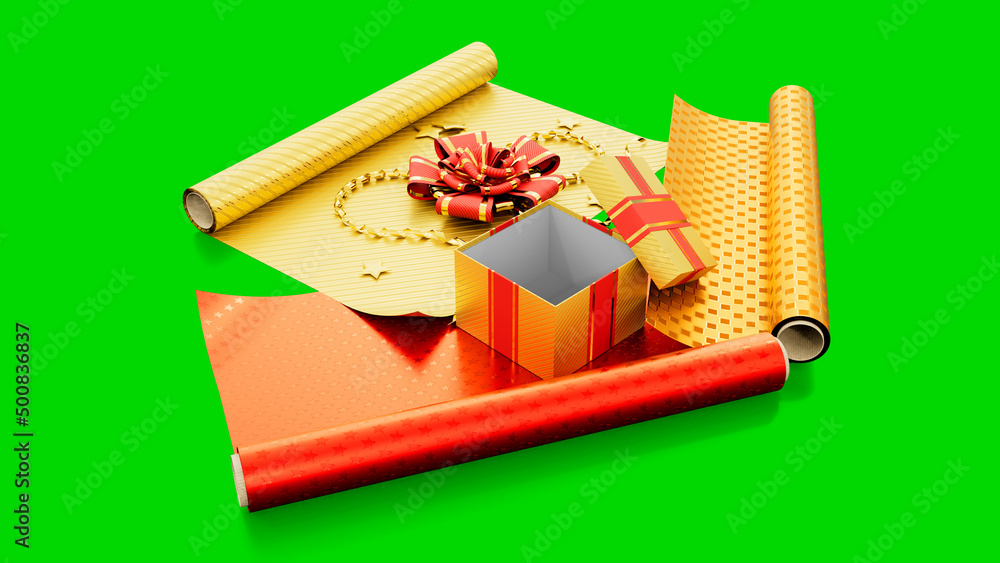 Poster wrapping paper and gift on green screen, isolated - object 3d rendering