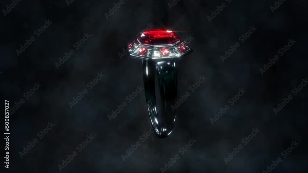 Poster shining dark metal ring with red ruby gem stone rotate, fictitious - loop video