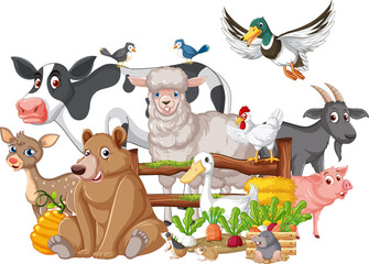 Many farm animals by the fence