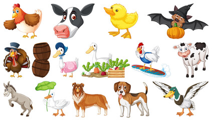 Farm animals on white background