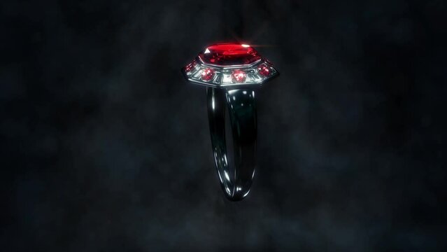 Shining dark metal ring with red ruby gem stone rotate, fictitious - loop video