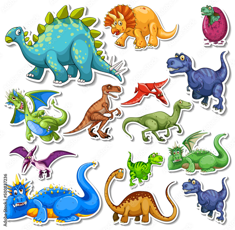 Poster Sticker set of different dinosaurs cartoon