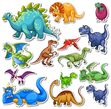 Sticker set of different dinosaurs cartoon