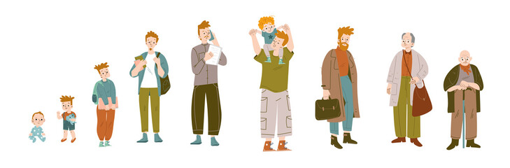 Lifespan cycle from baby age to old. Man character at different stages of life and growth. Vector flat set of infant, toddler boy, teenager, young person, adult, father with child and elderly