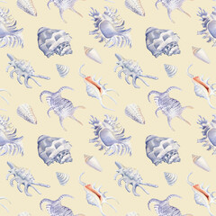 Seamless watercolor pattern with shells on beige background. Nautical background for wallpaper, wrapping paper, banner