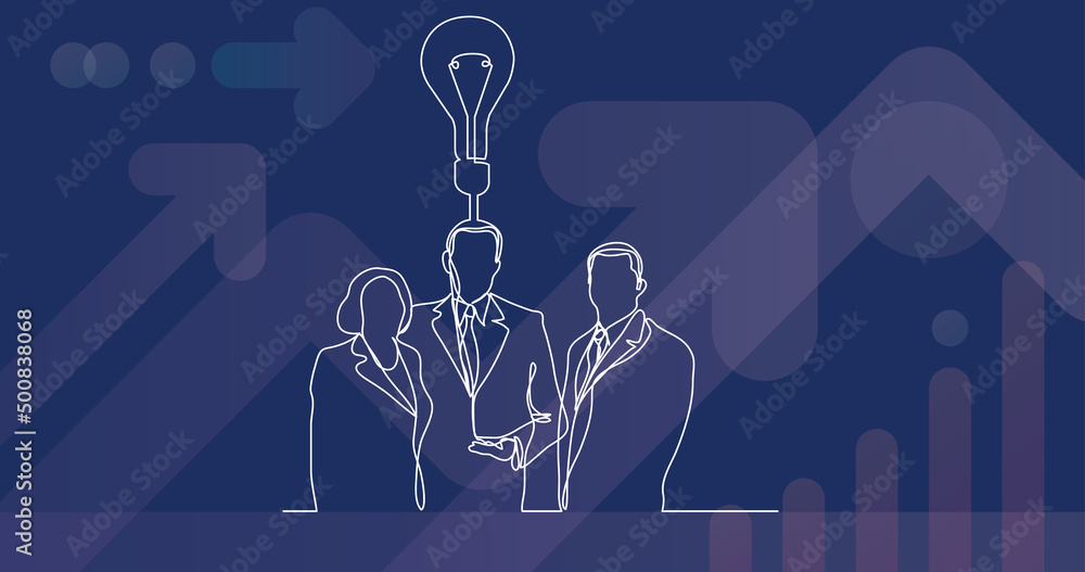 Poster continuous line drawing of business executives with idea