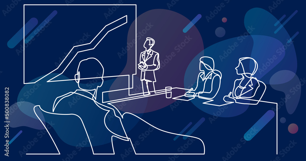 Poster continuous line drawing of business presentation - team watching growing graph