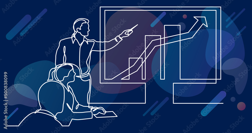 Poster continuous line drawing of business presentation - team meeting with charts and graph