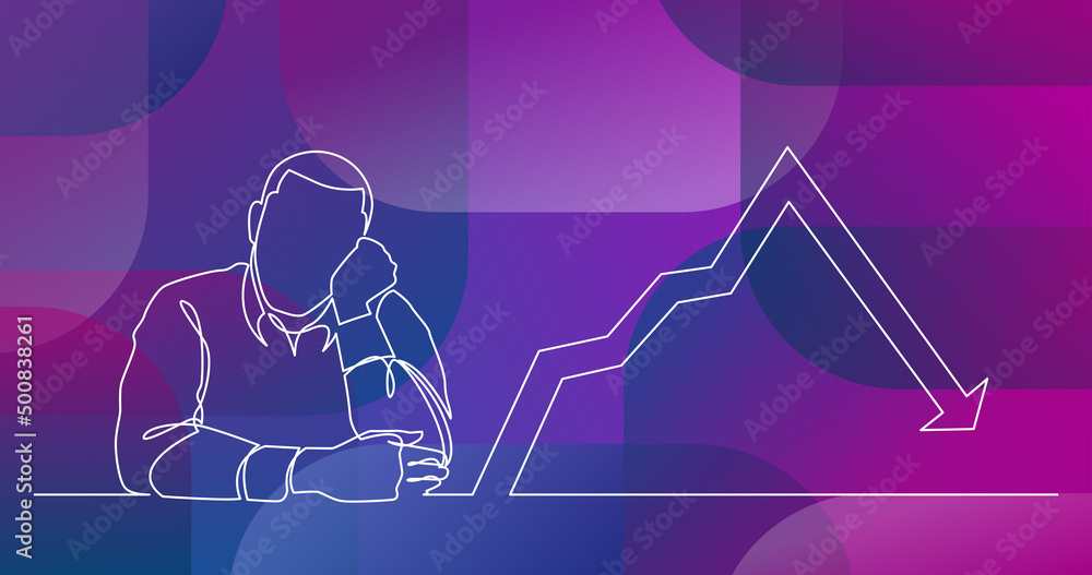Poster continuous line drawing of sad man sitting with decreasing graph