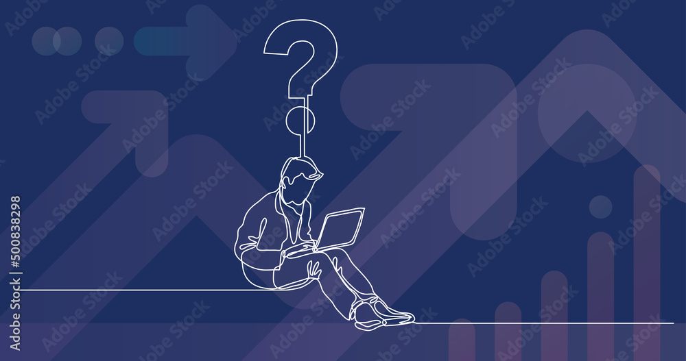 Wall mural continuous line drawing of a guy sitting with laptop computer with a question