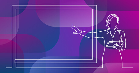 continuous line drawing of business presentation - business woman trainer pointing at screen