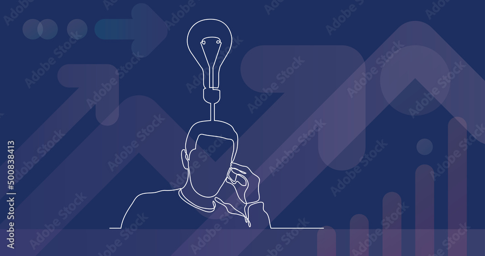 Poster continuous line drawing of man talking on cell phone thinking about new idea