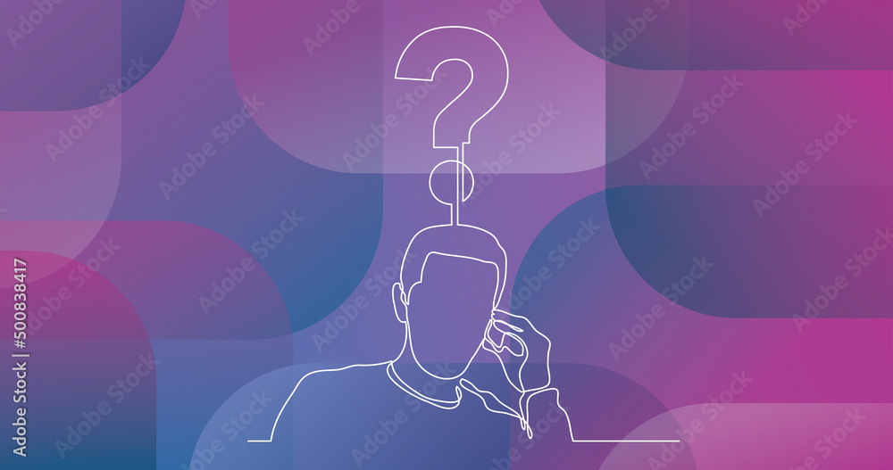 Poster continuous line drawing of man talking on cell phone thinking about question