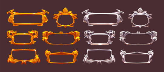 Game gold and silver fantasy frames in medieval style. Vector cartoon set of rpg game ui design elements with empty old metal and golden buttons with decorative borders © klyaksun