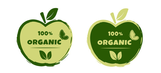 Organic, natural, vegan, bio products sticker, lable, badge and logo. Ecology apple  icon. Logo template with green leaves, stars for eco friendly products. Vector illustration.