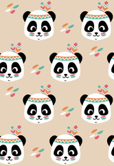 Seamless Indian pattern with cute boho tribal panda. Animal ethnic vector background