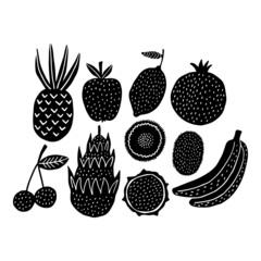 Black and white fruits in boho style. Linocut isolated
