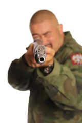 Man Wearing Camouflage Holding a Gun Isolated on White Background