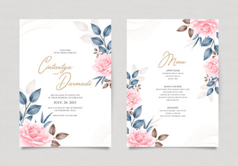 Fototapeta na wymiar Beautiful wedding invitation template with roses and leaves watercolor