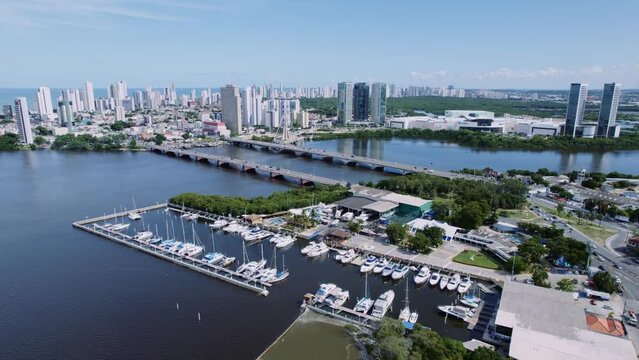 Aerial view of Recife, capital of Pernambuco, Brazil. Enchanted lady Bridge and Capibaribe river.