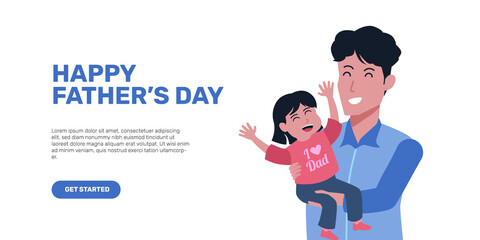 Happy father day flat illustration concept. dan or father carry and hug daughter with smile and happiness