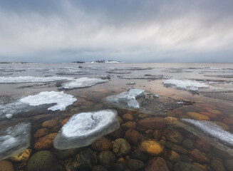 Ice floes on Lake Ladoga. Karelia. Russia