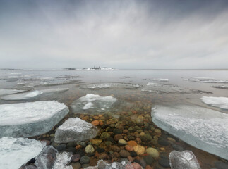 Ice floes on Lake Ladoga. Karelia. Russia